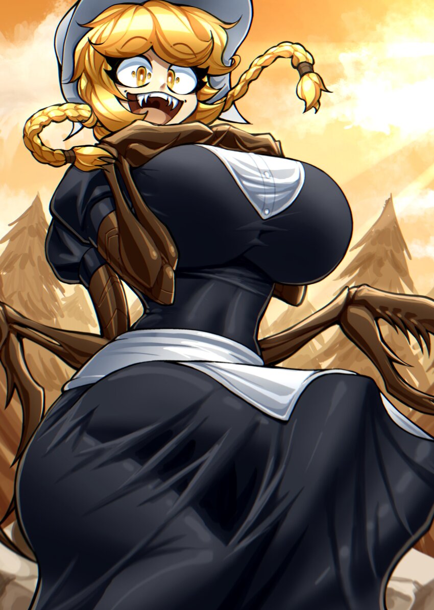 absurdres apron arthropod_girl arthropod_limbs black_dress blonde_hair bonnet braid breasts cliffside commentary cordie_(cliffside) dress english_commentary extra_arms extra_pupils hado_(zzzhadozzz) highres insect_girl large_breasts looking_at_viewer medium_hair monster_girl open_mouth outdoors pincers pine_tree sharp_teeth smile spider_girl teeth tree twin_braids white_apron white_headwear