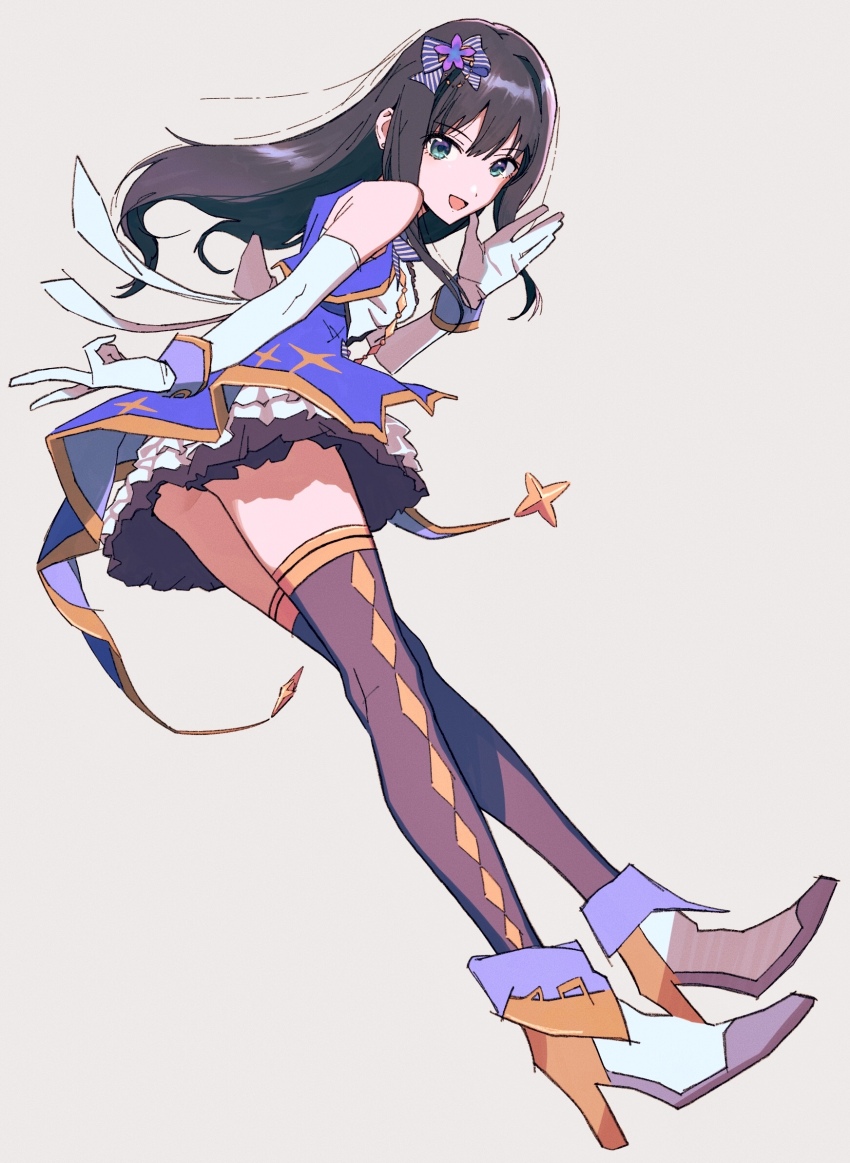 1girl bare_shoulders black_hair black_thighhighs bloom_into_me15 bow elbow_gloves from_below full_body gloves green_eyes grey_background hair_bow high_heels highres idol idol_clothes idolmaster idolmaster_cinderella_girls leaning_forward long_hair looking_at_viewer looking_down open_mouth shibuya_rin shoes simple_background solo stage_of_magic_(idolmaster) thighhighs white_gloves white_shoes yellow_trim