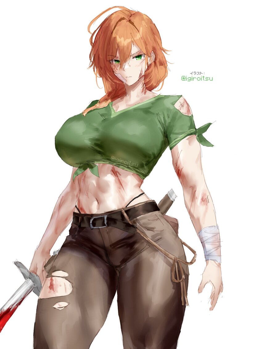 1girl alex_(minecraft) blood breasts green_eyes highres igiroitsu injury large_breasts legs long_hair looking_at_viewer midriff minecraft navel orange_hair pants serious shirt solo sword thighs thong tied_shirt torn_clothes torn_pants torn_shirt weapon whale_tail_(clothing)