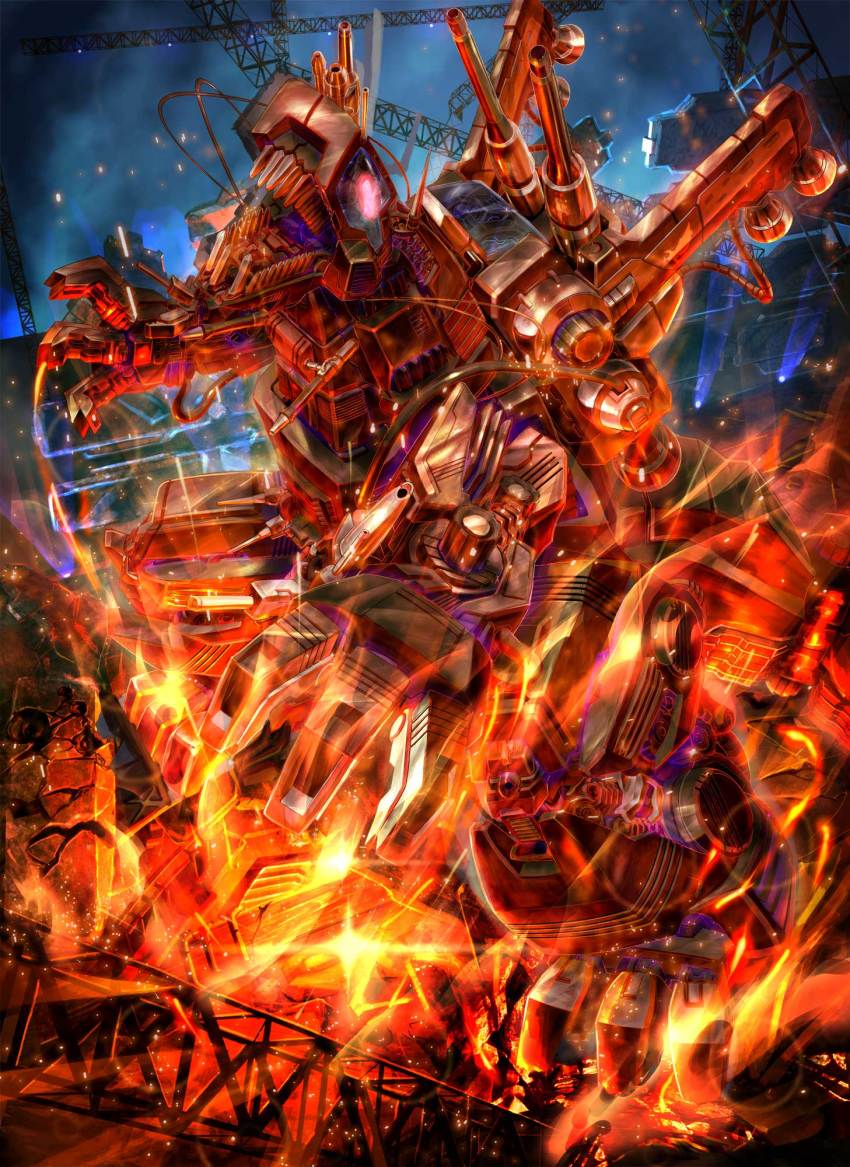 cable commission death_saurer fire glowing glowing_eyes ground_shatter highres mecha no_humans open_hands open_mouth pink_eyes robot science_fiction sharp_teeth skeb_commission solo teeth thrusters uungunover zoids