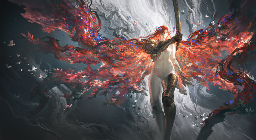 1girl absurdres amputee armor breasts bug butterfly chinese_commentary closed_mouth commentary_request covered_eyes elden_ring floating_hair gold_armor golden_sword highres holding holding_sword holding_weapon insect leo-dont-want-to-be-a-painter long_hair malenia_blade_of_miquella malenia_goddess_of_rot mechanical_arms navel nude pale_skin prosthesis prosthetic_arm prosthetic_leg raise_sword red_hair rotting sidelighting single_bare_shoulder single_mechanical_arm small_breasts solo standing stomach sword too_many too_many_butterflies triple_amputee very_long_hair weapon
