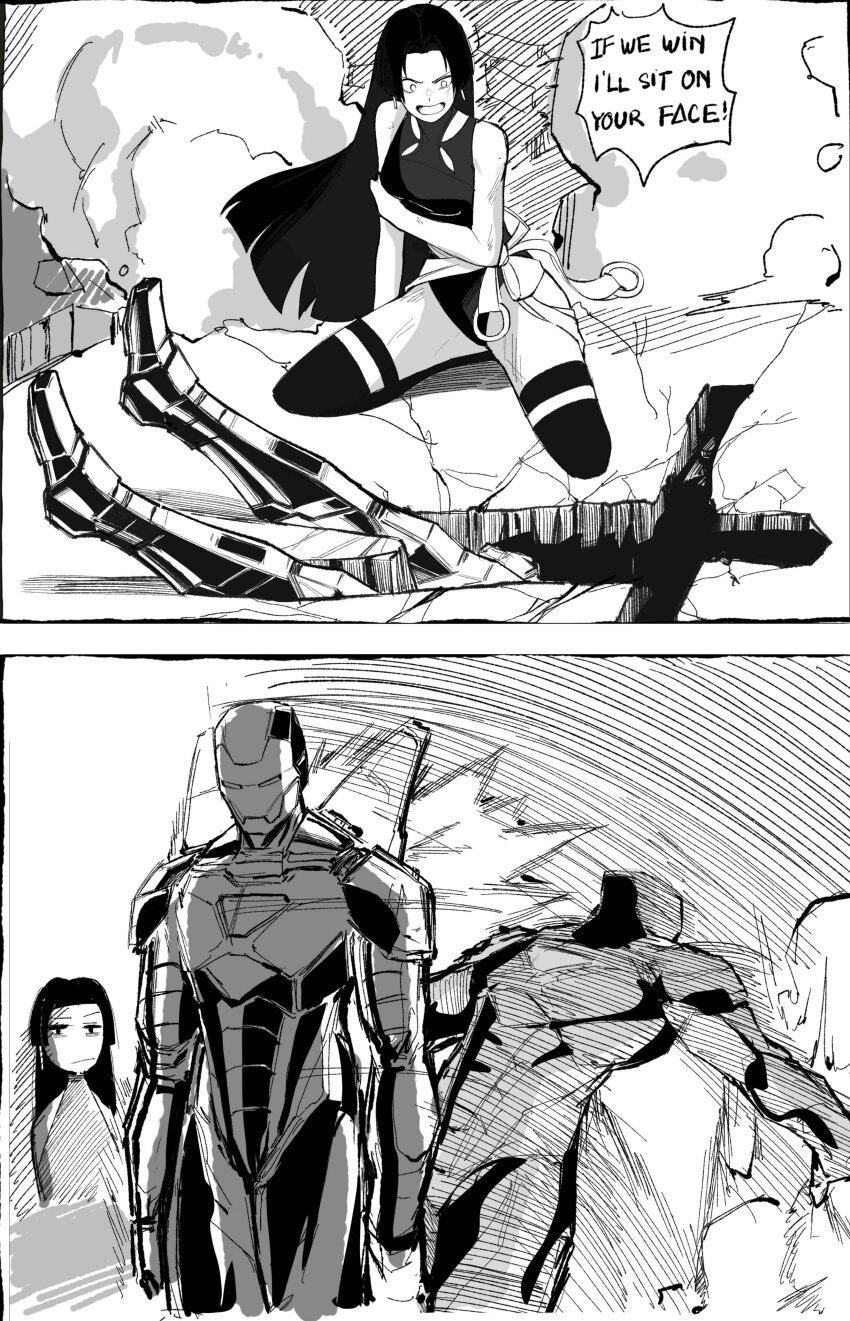 1boy 1girl absurdres armor bodysuit english_text full_armor highres ice_(10222) iron_man marvel marvel_rivals meme ninja power_armor psylocke psylocke_(vengeance) superhero_costume tony_stark