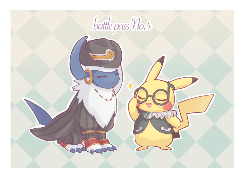 025sakura393 :d absol border closed_eyes closed_mouth clothed_pokemon commentary_request gen_1_pokemon gen_3_pokemon glasses hat highres jewelry necklace nintendo no_humans open_mouth outline pikachu pokemon pokemon_(creature) round_eyewear smile solo white_border