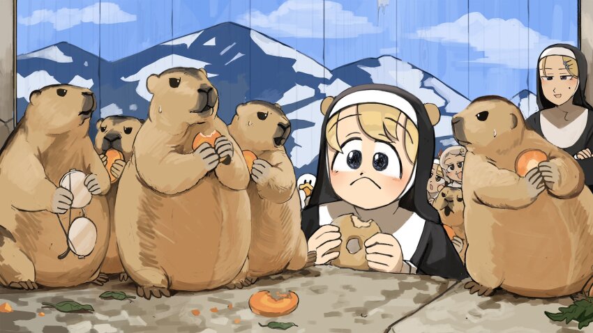 4girls :d bird blonde_hair blue_eyes chicken clumsy_nun_(diva) commentary diva_(hyxpk) donut duck eating english_commentary flower food frown glasses habit hair_flower hair_ornament hairpin highres little_nuns_(diva) little_star_girl_(diva) marmot marmot_ears mole mole_on_cheek multiple_girls nun open_mouth round_eyewear slice_of_life smile spicy_nun_(diva) star_(symbol) star_hair_ornament strict_nun_(diva) traditional_nun unworn_eyewear zoo
