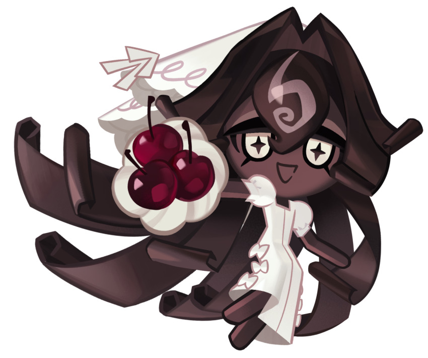 1girl black_forest_cookie bouquet bridal_veil bride brown_hair cherry chocolate chocolate_curls cookie_run cookie_run:_kingdom dark-skinned_female dark_skin dress flower food fruit game_cg hair_as_food hair_between_eyes holding holding_bouquet icing long_hair looking_at_viewer multicolored_hair official_art open_mouth puffy_short_sleeves puffy_sleeves short_sleeves simple_background smile solo star-shaped_pupils star_(symbol) streaked_hair symbol-shaped_pupils third-party_source transparent_background veil very_dark_skin very_long_hair wedding_dress white_dress yellow_eyes