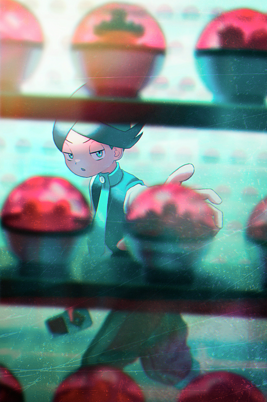 1boy :o blurry blurry_foreground buttons capri_pants commentary frontier_brain green_eyes green_hair green_necktie green_pants half-closed_eyes highres holding male_focus necktie nintendo outstretched_hand pants pokemon pokemon_dppt pokemon_platinum sasakure_(mogunonbi) short_hair solo swept_bangs thorton_(pokemon) turtleneck