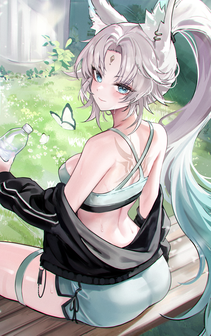1girl absurdres alternate_costume animal_ear_fluff animal_ears back back_tattoo bare_shoulders blue_eyes bottle bug butterfly closed_mouth commentary feixiao_(honkai:_star_rail) forehead_jewel fox_ears fox_girl from_behind gradient_hair grass green_hair highres holding holding_bottle honkai:_star_rail honkai_(series) insect long_hair looking_at_viewer median_furrow multicolored_hair parted_bangs ponytail shorts sidelocks sitting smile solo sports_bra tattoo thigh_strap very_long_hair water_bottle white_hair zije