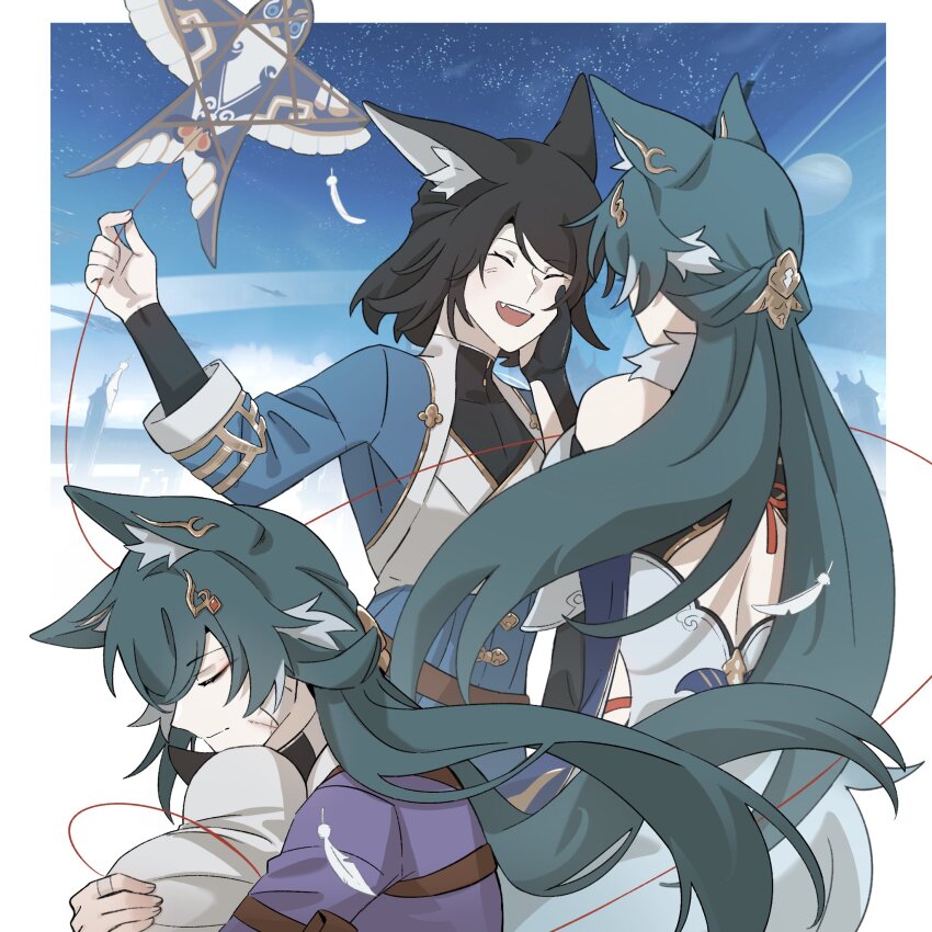 2girls animal_ear_fluff animal_ears black_hair blue_shirt closed_eyes commentary english_commentary fang fox_ears fox_girl green_hair hand_on_another&#039;s_face highres holding_kite honkai:_star_rail honkai_(series) kite long_hair long_sleeves mother_and_daughter multiple_girls open_mouth qingni_(honkai:_star_rail) sc2_22 shirt short_hair smile very_long_hair yukong_(honkai:_star_rail)
