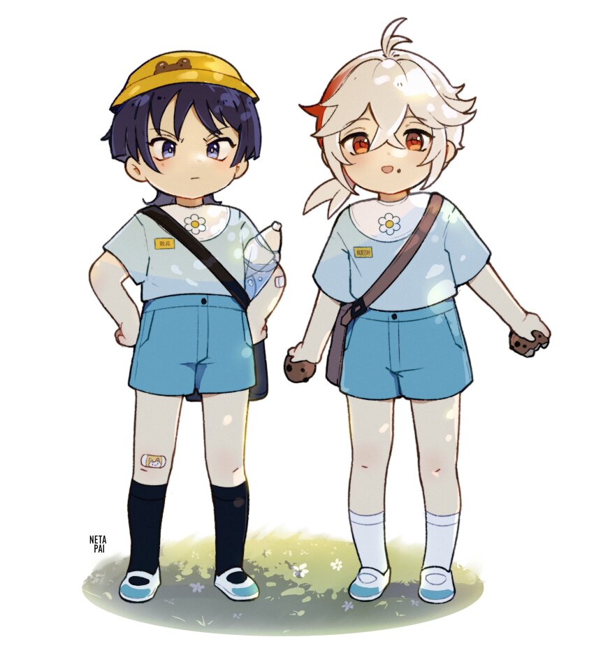 2boys :d absurdres aged_down animal_print antenna_hair arms_at_sides artist_name bag bandaid bandaid_on_knee bandaid_on_leg bib black_socks blue_shirt blue_shorts bottle carrying carrying_under_arm child chocolate_chip_cookie closed_mouth commentary cookie crossed_bangs dappled_sunlight english_commentary flipped_hair floral_print flower food food_on_face frog_print frown full_body furrowed_brow genshin_impact grass hands_on_own_hips happy hat highres holding holding_food kaedehara_kazuha kindergarten_bag kindergarten_uniform kneehighs low_ponytail male_focus multicolored_hair multiple_boys name_tag netapai1 open_mouth ponytail print_headwear purple_eyes purple_hair red_eyes red_hair scaramouche_(genshin_impact) school_hat shirt shoes short_hair short_sleeves shorts shoulder_bag side-by-side side_ponytail smile socks standing streaked_hair sunlight two-tone_hair water_bottle white_background white_flower white_footwear white_hair white_socks yellow_headwear