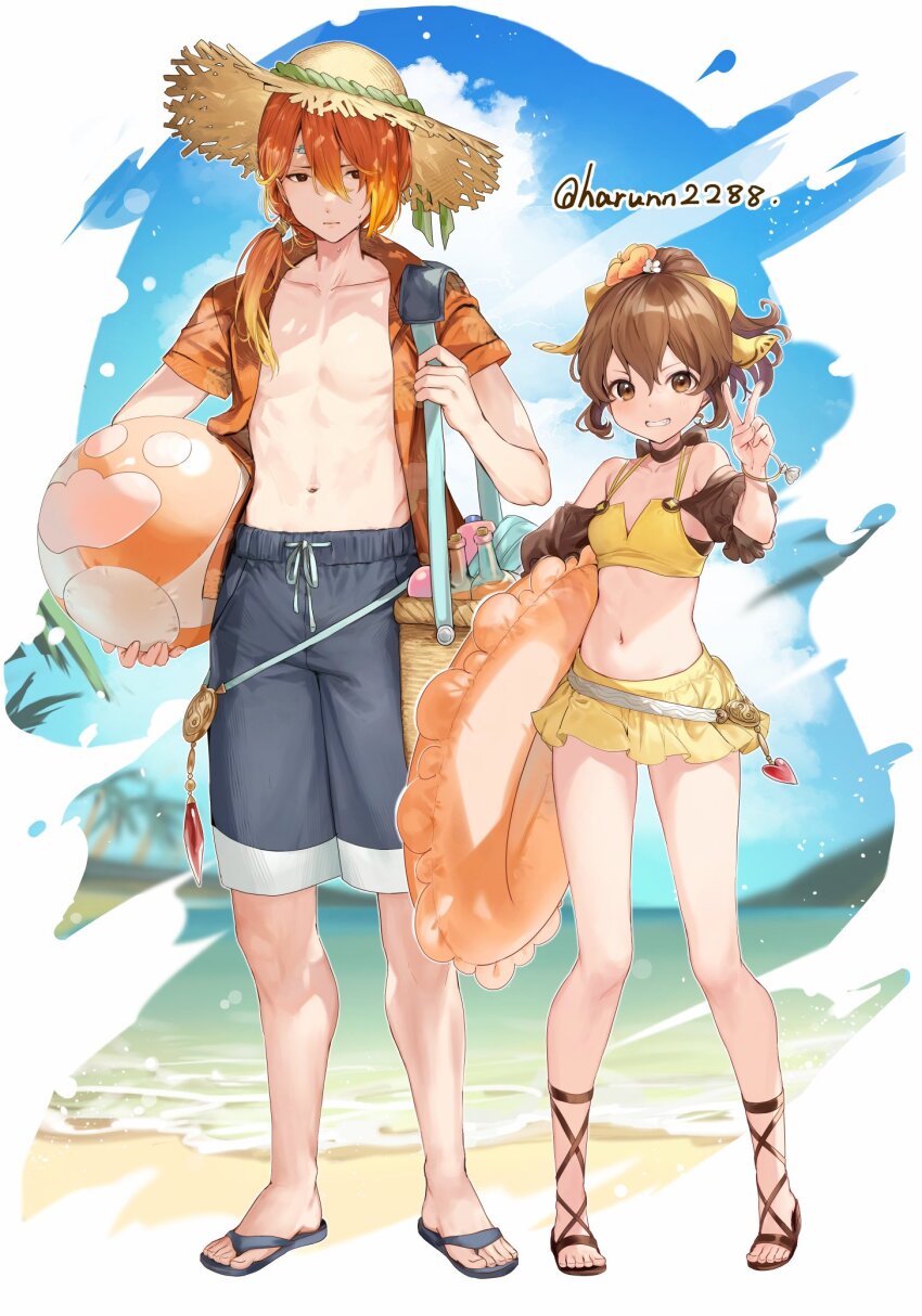 1boy 1girl alternate_costume ball bare_shoulders beachball bikini bow bracelet breasts brother_and_sister brown_eyes brown_hair circlet delthea_(fire_emblem) detached_sleeves fire_emblem fire_emblem_echoes:_shadows_of_valentia hair_bow haru_(nakajou-28) hat highres holding holding_floatie jewelry long_hair looking_at_viewer low_ponytail luthier_(fire_emblem) male_swimwear multicolored_hair nintendo open_clothes open_mouth orange_hair orange_shirt ponytail red_hair sandals shirt shorts siblings smile straw_hat sun_hat swim_trunks swimsuit v yellow_bikini