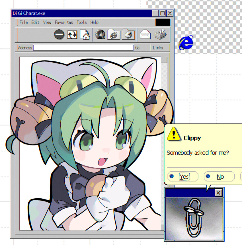 1girl ahoge animal_hat animate_object apron bell black_dress blush cat_hat clippy commentary crossover curtained_hair dejiko di_gi_charat dress english_commentary english_text fake_transparency gloves green_eyes green_hair grid_background hair_bell hair_ornament hat highres jingle_bell looking_at_another microsoft morizo_(morizoshop) neck_bell open_mouth paperclip puffy_short_sleeves puffy_sleeves short_hair short_sleeves smile solo upper_body white_apron white_background white_gloves white_hat window_(computing) windows_explorer