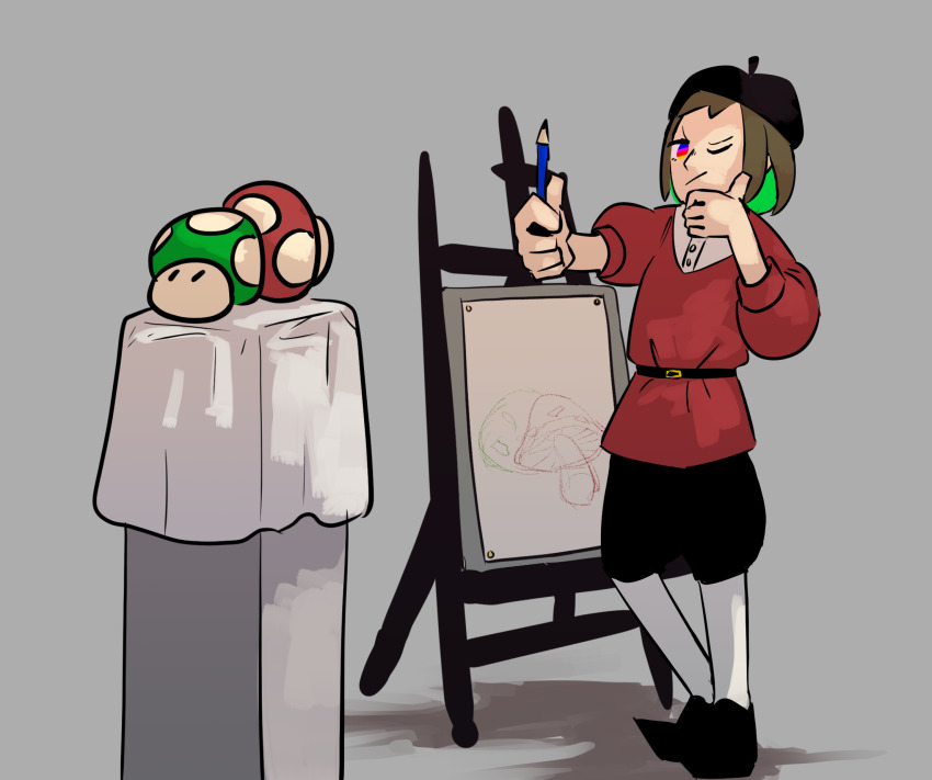 1-up_mushroom 1boy belt belt_buckle beret black_belt black_hat black_shoes black_shorts brown_hair buckle buttons closed_mouth colored_inner_hair colored_pencil colored_pencils_(paper_mario) commentary_request drawing_(action) drawing_(object) dress_shirt easel frown full_body green_hair grey_background hand_on_own_chest hat highres holding holding_pencil long_sleeves looking_at_object male_focus mario_(series) medium_hair multicolored_eyes multicolored_hair mumumu57hiro mushroom nintendo one_eye_closed outstretched_arm pantyhose paper paper_mario paper_mario:_the_origami_king pencil personification pointy_footwear puffy_long_sleeves puffy_shorts puffy_sleeves rainbow_eyes red_tunic shadow shirt shoes shorts simple_background solo standing super_mushroom tablecloth thinking tunic v-shaped_eyebrows white_pantyhose white_shirt
