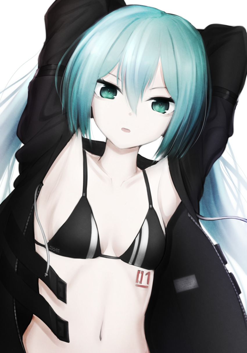 1girl absurdres armpits arms_behind_head arms_up bikini black_bikini black_coat black_rock_shooter black_rock_shooter_(character) black_rock_shooter_(character)_(cosplay) blue_hair breasts cleavage coat collarbone cosplay green_eyes hair_between_eyes hatsune_miku highres kkethics long_hair looking_at_viewer navel number_tattoo open_clothes open_coat open_mouth small_breasts solo swimsuit tattoo twintails upper_body vocaloid white_background