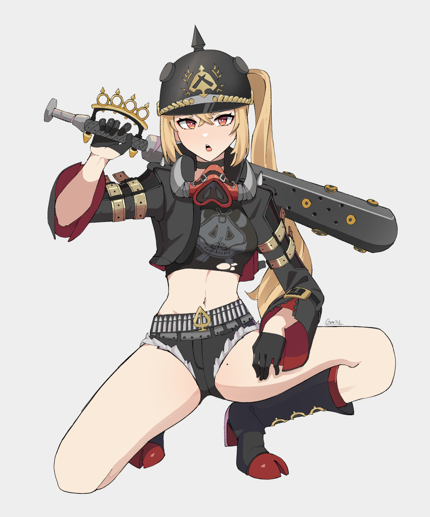 1girl absurdres black_boots black_choker black_gloves black_helmet black_jacket black_shirt black_shorts boots breasts choker club_(weapon) combat_helmet commentary crop_top cropped_jacket full_body gar32 gloves grey_background half_gloves hand_up helmet highres holding holding_club holding_weapon jacket light_brown_hair long_hair looking_at_viewer luciana_de_montefio mask medium_breasts micro_shorts midriff mole mole_on_thigh navel on_one_knee open_mouth pickelhaube red_eyes respirator shirt shorts side_ponytail signature simple_background solo very_long_hair weapon zenless_zone_zero