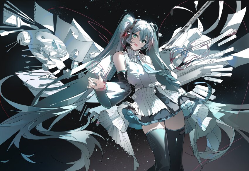 1girl :d aqua_eyes aqua_hair aqua_necktie arm_up arrow_(projectile) black_boots black_skirt black_sleeves boots breasts buri_(retty9349) collared_shirt commentary cowboy_shot detached_sleeves electric_guitar floating_clothes floating_hair frills grey_shirt guitar hatsune_miku headset high_collar highres instrument long_hair looking_at_viewer miniskirt necktie open_mouth paintbrush partially_colored pleated_skirt pliers shirt skirt sleeveless sleeveless_shirt small_breasts smile solo string string_of_fate thigh_boots thighhighs twintails upper_body very_long_hair violin vocaloid wide_sleeves zettai_ryouiki