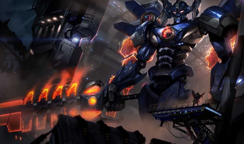 aatrox alternate_costume armor artist_request body_armor bodysuit chainsword drivesuit_(pacific_rim) glowing glowing_sword glowing_weapon hangar league_of_legends legendary_pictures mecha mecha_pilot_suit official_art pacific_rim parody robot rumble_(transformers) solo_focus weapon