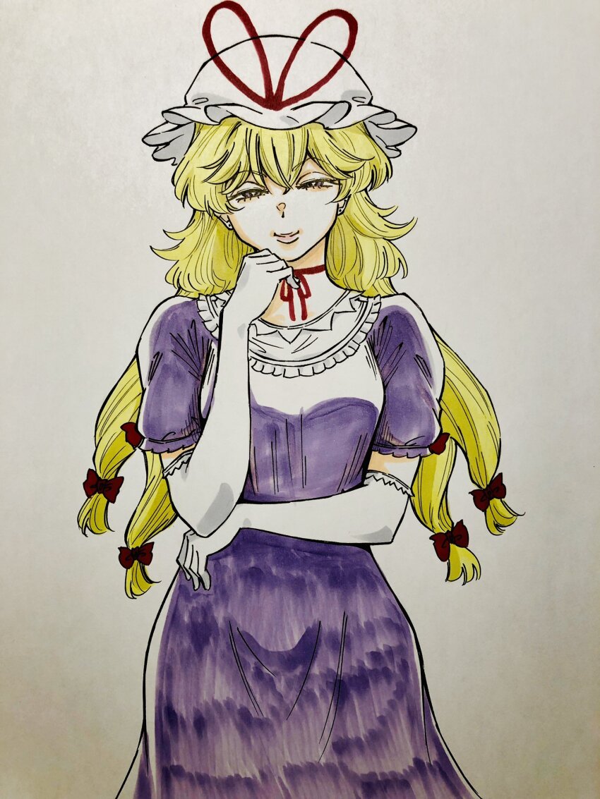 1girl blonde_hair bow choker commentary_request dress elbow_gloves frilled_sleeves frills gloves hair_bow hat hat_bow highres long_hair looking_at_viewer mob_cap multiple_hair_bows puffy_short_sleeves puffy_sleeves purple_dress red_bow red_ribbon ribbon ribbon_choker s590220 seductive_smile short_sleeves smile solo touhou traditional_media very_long_hair white_gloves white_hat yakumo_yukari yellow_eyes