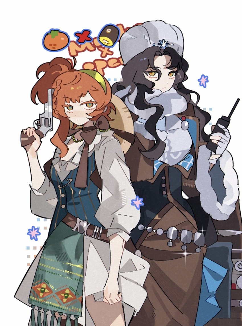 2girls absurdres black_hat blue_vest brown_jacket brown_skirt character_name cowboy_shot gloves green_eyes green_hairband gun hairband hand_up handgun hat hat_on_back highres hl_(iamawhitehippo) holding holding_gun holding_walkie-talkie holding_weapon jacket long_hair long_skirt lopera_(reverse:1999) miniskirt moldir_(reverse:1999) multiple_girls orange_hair partially_fingerless_gloves reverse:1999 revolver scarf shirt siblings side_ponytail sisters skirt step-siblings straw_hat sweater ushanka vest walkie-talkie weapon white_background white_gloves white_hat white_scarf white_shirt white_skirt white_sweater