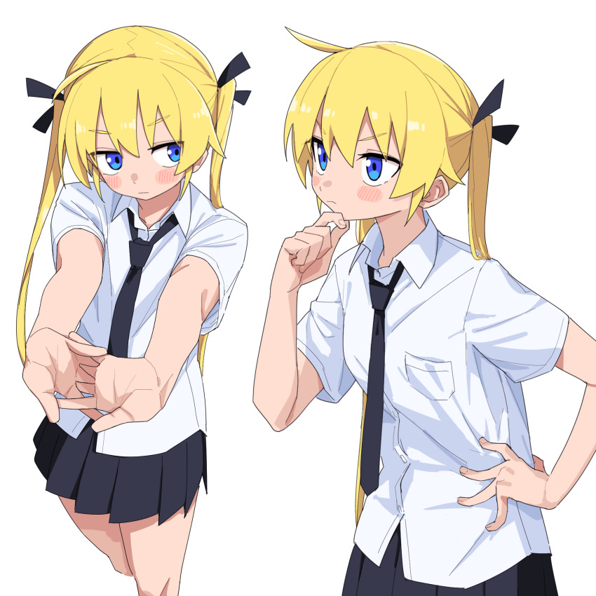 1girl ahoge black_necktie black_ribbon black_skirt blonde_hair blue_eyes blush collarbone collared_shirt cowboy_shot dress_shirt hair_between_eyes hair_ribbon hand_on_own_chin highres interlocked_fingers kill_me_baby miniskirt multiple_views necktie outstretched_arms pleated_skirt ribbon shirt short_sleeves simple_background skirt sonya_(kill_me_baby) stretching thinking twintails white_background white_shirt yachima_tana