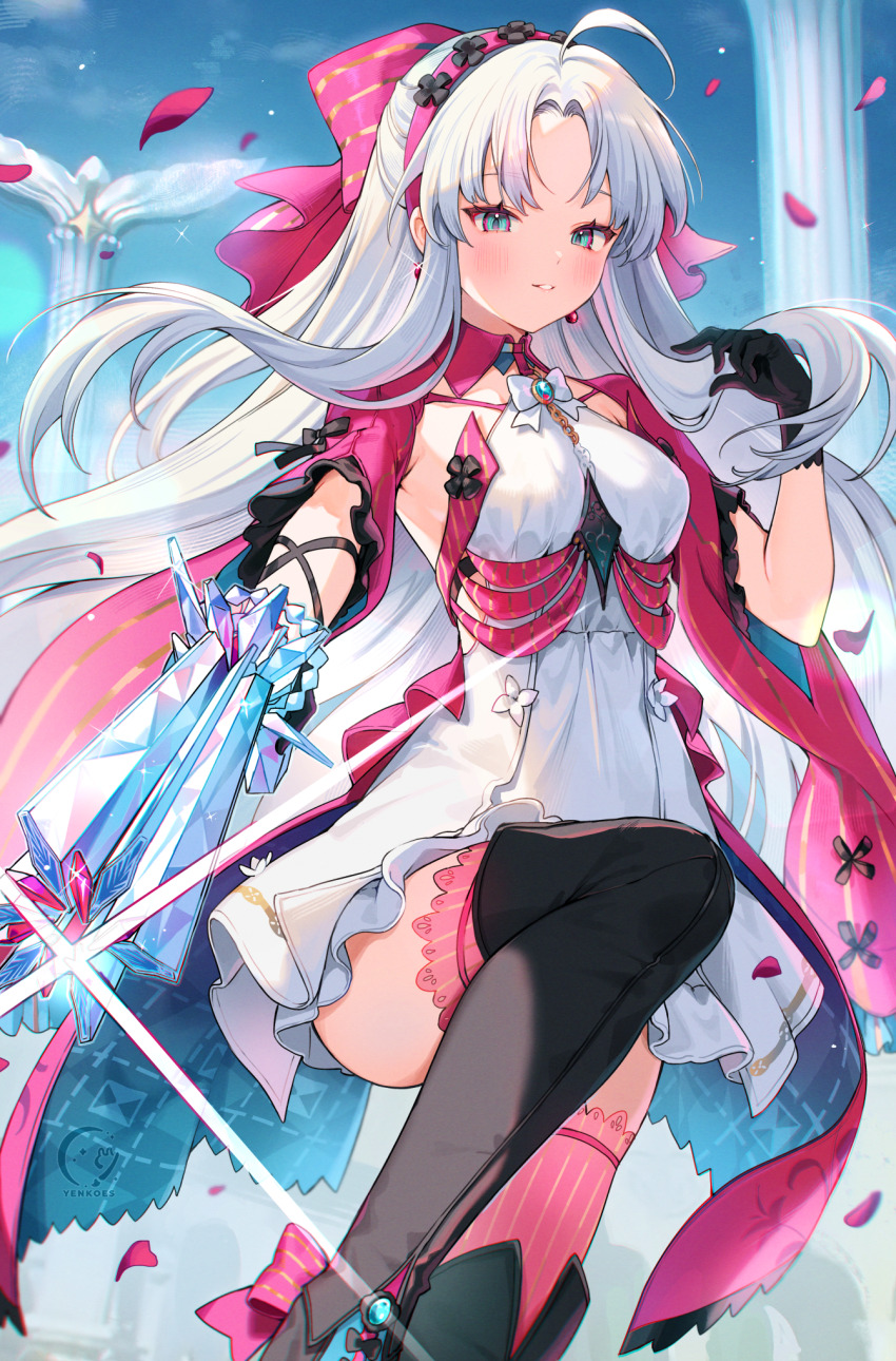 1girl ahoge aiming aiming_at_viewer aqua_eyes black_boots black_gloves boots bow breasts carlotta_(wuthering_waves) chromatic_aberration commentary dress gloves gun hair_bow hairband hand_up highres holding holding_gun holding_weapon jacket knee_up light_blush light_smile looking_at_viewer medium_breasts parted_bangs parted_lips pink_bow pink_hairband pink_jacket pink_petals pink_thighhighs solo striped_bow thighhighs thighhighs_under_boots thighs weapon white_dress wuthering_waves yenkoes