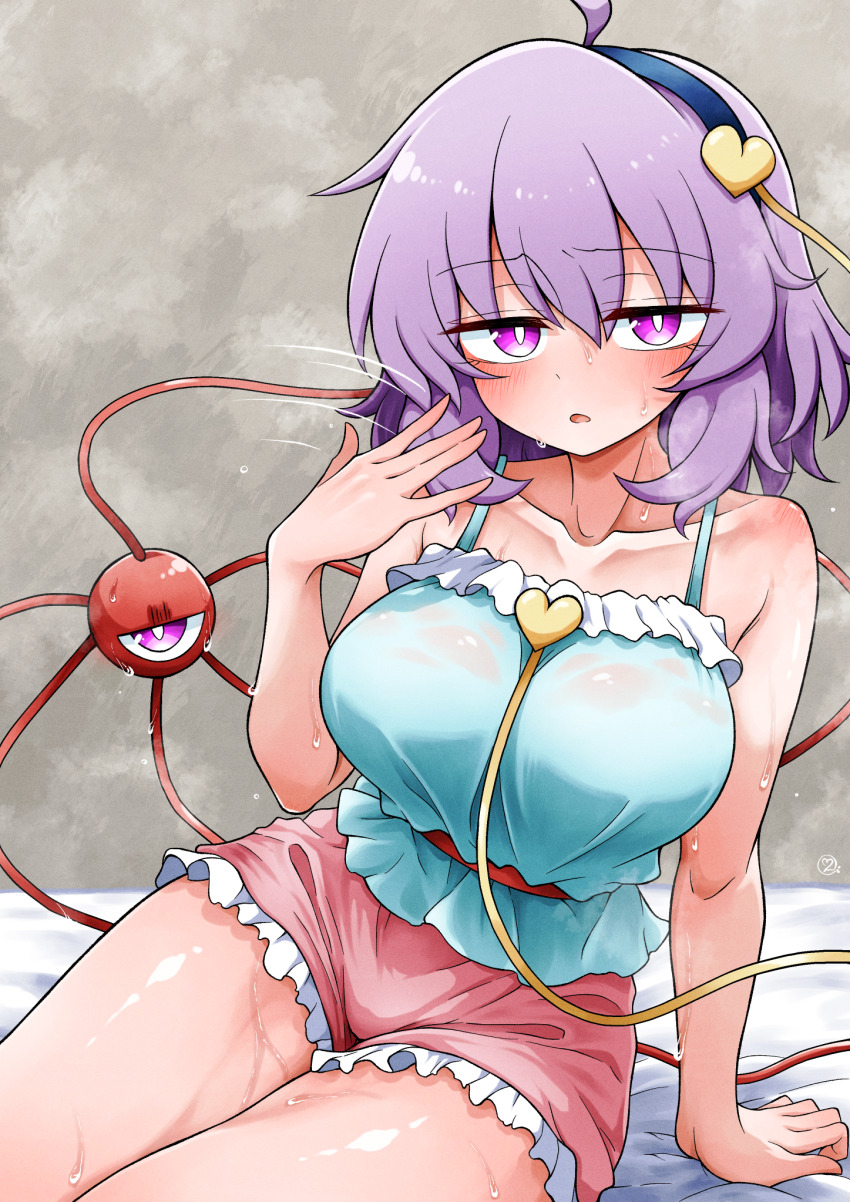 1girl adapted_costume ahoge aqua_camisole arm_support bare_shoulders black_hairband breasts camisole collarbone commentary_request fanning_self frilled_shorts frills hair_between_eyes hair_ornament hairband heart heart_hair_ornament highres hot komeiji_satori large_breasts looking_at_viewer pink_shorts purple_eyes scavia10 short_hair shorts sitting solo sweat third_eye touhou yokozuwari