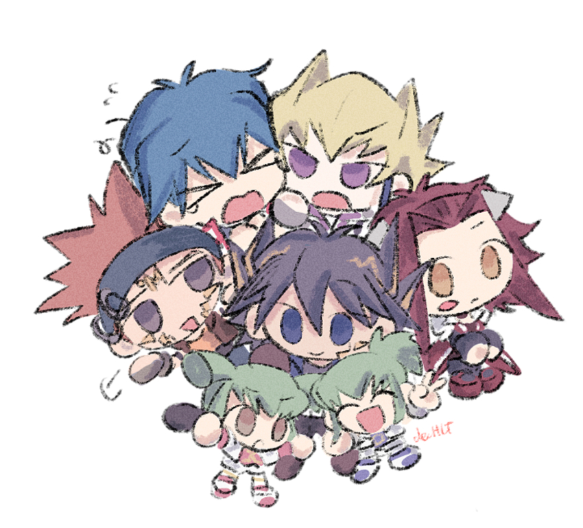 &gt;_&lt; 2girls 5boys black_hair blonde_hair blush_stickers brown_hair bruno_(yu-gi-oh!) chibi closed_eyes crow_hogan de_hlt fudo_yusei green_eyes highres izayoi_aki jack_atlas lua_(yu-gi-oh!) luca_(yu-gi-oh!) multicolored_hair multiple_boys multiple_girls purple_eyes red_hair simple_background two-tone_hair v white_background yu-gi-oh! yu-gi-oh!_5d&#039;s