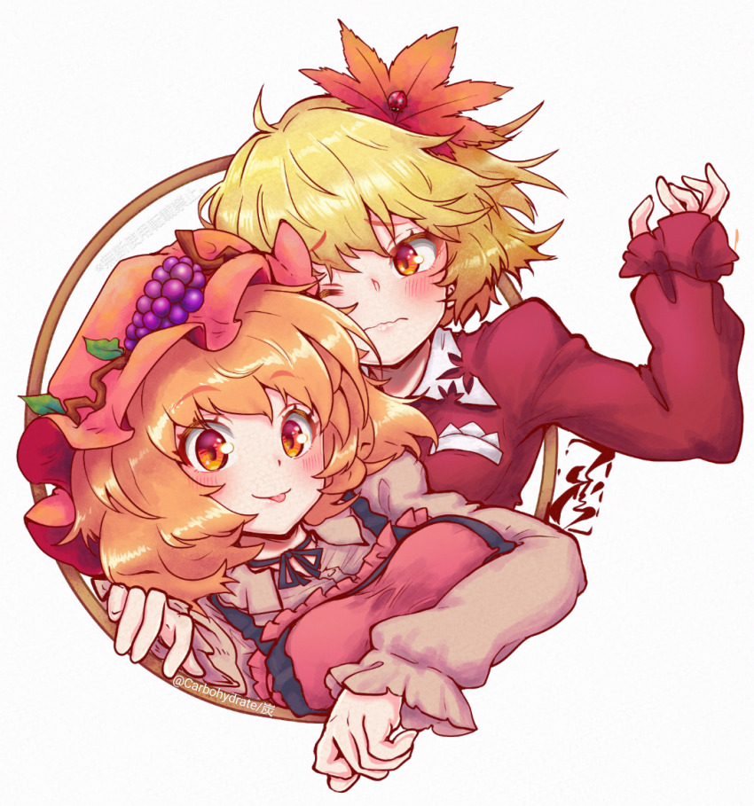 2girls :s ahoge aki_minoriko aki_shizuha apron black_ribbon blonde_hair blush breasts brown_dress carbohydrate_(asta4282) collar commentary dress grape_hat_ornament hat large_breasts leaf_cutout long_sleeves maple_leaf_hair_ornament mob_cap multiple_girls one_eye_closed orange_eyes raised_inner_eyebrows red_apron red_dress red_hat ribbon smile swept_bangs symbol-only_commentary tongue tongue_out touhou upper_body white_collar