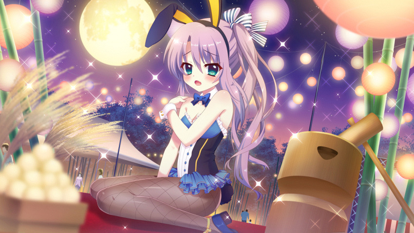 1boy 2girls 4others animal_ears aqua_eyes bamboo bare_shoulders between_legs blue_bow blue_bowtie blue_skirt blurry blurry_foreground blush bow bowtie breasts cleavage covering_privates detached_collar dot_nose dutch_angle embarrassed fang film_grain fishnet_pantyhose fishnets food from_side full_moon game_cg hair_bow hand_between_legs high_heels high_ponytail izumi_tsubasu kine lantern leotard long_hair mallet miniskirt mochi mochitsuki moon mortar_(bowl) multiple_girls multiple_others non-web_source official_art open_mouth pantyhose paper_lantern playboy_bunny pole ponytail purple_hair rabbit_ears rabbit_tail re:stage! rice_(plant) sitting skirt sky small_breasts solo_focus sparkle stage star_(sky) starry_sky striped_bow tail tent tree tsukisaka_sayu twilight very_long_hair wariza wrist_cuffs