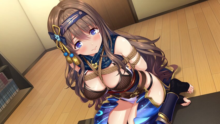 1girl akasaai bare_shoulders blue_eyes blush bookshelf breasts brown_hair closed_mouth commentary_request covered_navel highres indoors kikyou_(ninnindays) large_breasts long_hair looking_at_viewer ninja ninnindays second-party_source shibari shibari_over_clothes sitting solo wooden_floor yokozuwari