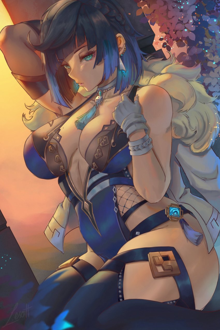 1girl absurdres alterlesott armpits asymmetrical_gloves bare_shoulders blue_dress bob_cut breasts cleavage curvy diagonal_bangs dice dress earrings feather-trimmed_jacket genshin_impact gloves green_eyes highres jacket jacket_on_shoulders jewelry large_breasts short_hair sitting tassel tassel_choker thighhighs white_gloves white_jacket yelan_(genshin_impact)