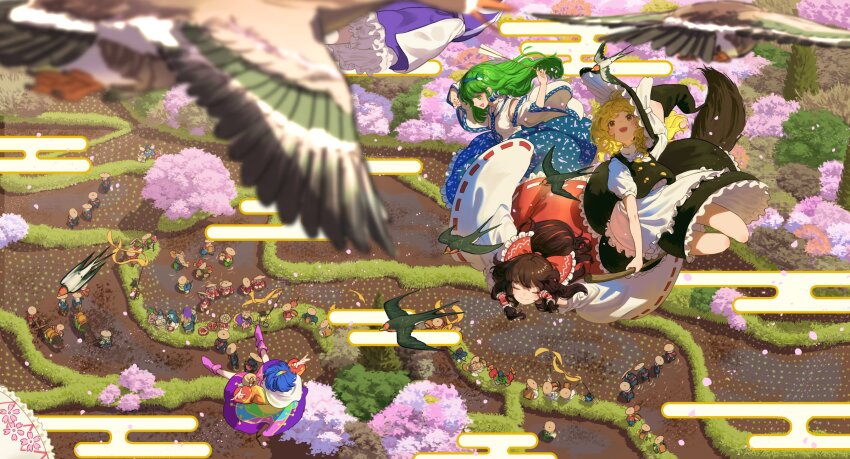 6+girls ajirogasa apron bird black_hat black_skirt blonde_hair bloomers blue_hair blue_skirt bow broom broom_riding brown_hair commentary_request detached_sleeves dress farmer flying from_above gohei green_eyes green_hair hair_bow hairband hakurei_reimu hat hat_bow highres hijiri_byakuren holding holding_gohei kajatony kasodani_kyouko kirisame_marisa kochiya_sanae kumoi_ichirin letty_whiterock long_hair long_sleeves luna_child mononobe_no_futo multicolored_dress multicolored_hairband multiple_girls people ponytail puffy_short_sleeves puffy_sleeves red_bow red_skirt reitaisai rice_paddy shirt short_hair short_sleeves skirt sleeveless sleeveless_shirt star_sapphire sunny_milk swallow_(bird) tenkyuu_chimata touhou tree underwear waist_apron white_apron white_bloomers white_bow white_shirt white_sleeves wide_sleeves witch_hat yellow_eyes