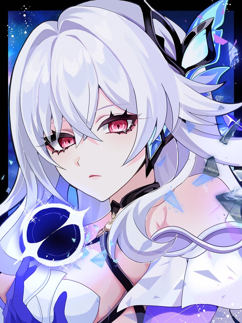 1girl armpit_crease bare_shoulders breaking broken_glass closed_mouth colored_skin commentary_request detached_sleeves genshin_impact glass glowing grey_hair hair_between_eyes hair_intakes hair_ornament hand_up head_tilt highres holding_orb long_hair looking_at_viewer looking_to_the_side multicolored_skin pink_lips red_eyes rei_(sss35_ss3) skirk_(genshin_impact) sky solo space star_(sky) starry_sky two-tone_skin upper_body wavy_hair
