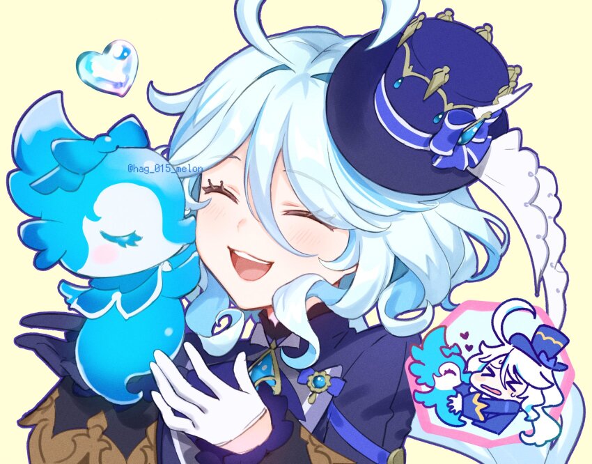 1girl ahoge asymmetrical_gloves black_gloves blue_hair blue_hat blue_jacket closed_eyes fish furina_(genshin_impact) genshin_impact gloves hag_(hag_015) hat highres jacket mismatched_gloves open_mouth seahorse simple_background smile surintendante_chevalmarin teeth top_hat twitter_username upper_body upper_teeth_only white_gloves