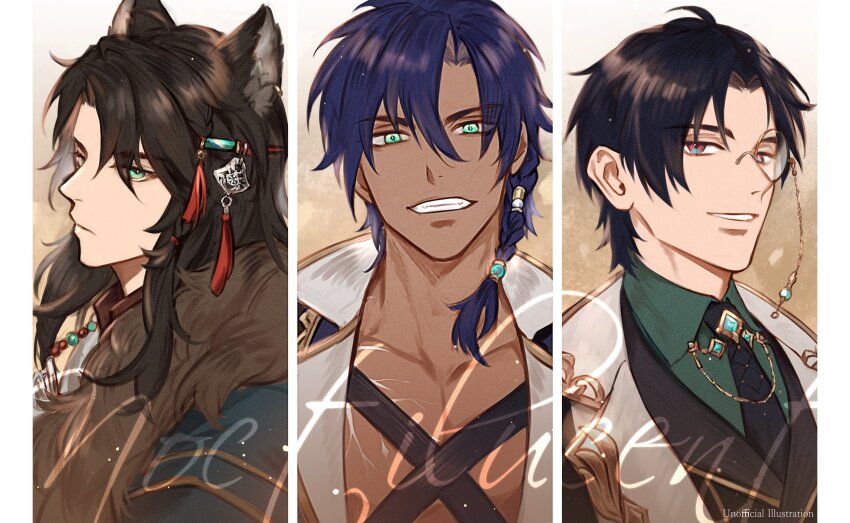 3boys animal_ears aqua_eyes black_hair black_jacket black_necktie black_vest blue_hair border braid brooch collar_chain_(jewelry) collarbone column_lineup copyright_name curtained_hair dark-skinned_male dark_skin delos_(noctilucent) expressionless fur-trimmed_jacket fur_trim green_jacket green_shirt grin hair_between_eyes hair_ornament hair_tubes highres jacket jewelry lapels long_hair looking_at_viewer male_focus medium_hair monocle mukopino multiple_boys necktie noctilucent:_before_dawn notched_lapels open_clothes open_shirt owyn_(noctilucent) parted_bangs parted_lips pectoral_cleavage pectorals purple_eyes shirt short_hair side_braid single_hair_tube smile tassel tassel_hair_ornament upper_body vest white_border white_shirt wolf_boy wolf_ears xiel_(noctilucent)