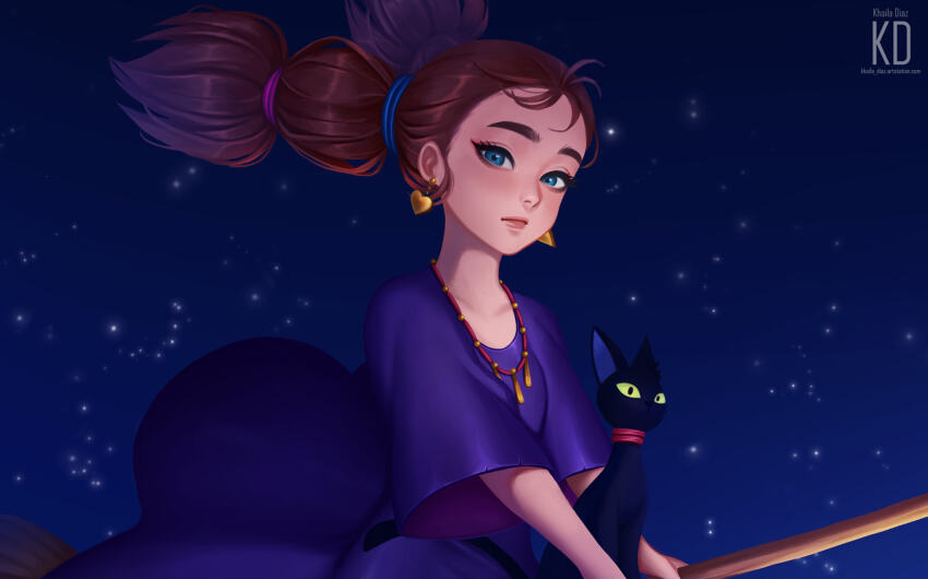 1girl artist_name black_cat blue_eyes broom broom_riding brown_hair cat commentary derivative_work dress earrings english_commentary eyeliner hair_tie heart heart_earrings highres jewelry kd_chan majo_no_takkyuubin makeup necklace night night_sky pink_eyeliner purple_dress screenshot_redraw senior_witch_(majo_no_takkyuubin) sky star_(sky) starry_sky twintails upper_body watermark web_address