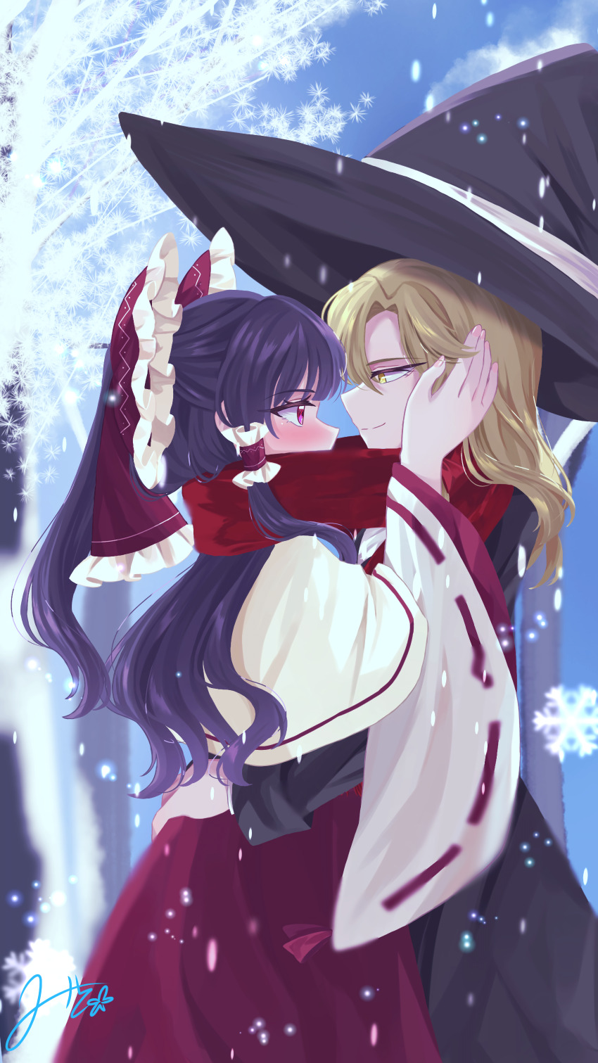 2girls absurdres adapted_costume blonde_hair blush bow capelet closed_mouth commentary_request eye_contact frilled_bow frilled_hair_tubes frills hair_bow hair_tubes hakurei_reimu hand_on_another&#039;s_head hand_on_another&#039;s_waist hat highres kirisame_marisa long_hair long_sleeves looking_at_another mito_(fate) multiple_girls red_scarf red_skirt ribbon-trimmed_sleeves ribbon_trim scarf shared_clothes shared_scarf signature skirt smile snowflakes snowing touhou white_capelet winter witch_hat yellow_eyes yuri