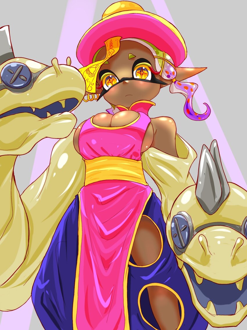 1girl bare_shoulders breasts cleavage_cutout clothing_cutout cosplay dark-skinned_female dark_skin darkstalkers ear_piercing eel frye_(splatoon) hat highres hsien-ko hsien-ko_(cosplay) inkling jiangshi_costume large_breasts leg_cutout nintendo ofuda piercing pointy_ears sideboob solo splatoon_(series) t2ukmyjm tentacle_hair yellow_eyes