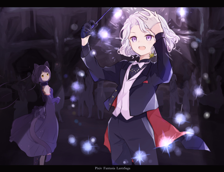 1boy 1girl :d absurdres alyssa_missru_hambleton animal_ears asymmetrical_gloves black_gloves black_hair black_suit bow bowtie brown_eyes cape cat_ears cat_tail copyright_name crown dark_background dress earrings elbow_gloves formal_clothes gloves highres indoors jewelry letterboxed long_sleeves mismatched_gloves open_mouth pixiv_fantasia pixiv_fantasia_last_saga pleiades_(pixiv_fantasia_last_saga) purple_dress purple_gloves short_hair silhouette smile standing suit tail vest white_gloves white_hair white_neckwear white_vest yokatoyit