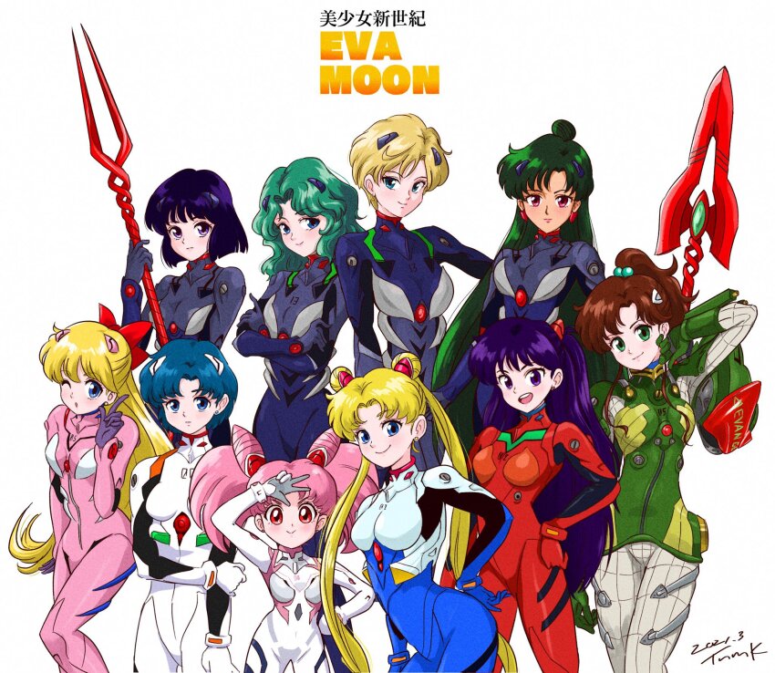 2021 6+girls aino_minako ayanami_rei ayanami_rei_(cosplay) bident bishoujo_senshi_sailor_moon chibi_usa cosplay dark-skinned_female dark_skin dated earrings evangelion:_2.0_you_can_(not)_advance evangelion:_3.0_you_can_(not)_redo female_focus highres hino_rei holding holding_polearm holding_weapon ikari_shinji ikari_shinji_(cosplay) interface_headset_(evangelion) jewelry kaiou_michiru kino_makoto lance_of_longinus_(evangelion) looking_at_viewer makinami_mari_illustrious makinami_mari_illustrious_(cosplay) mecha_pilot_suit meiou_setsuna mizuno_ami multiple_girls nagisa_kaworu nagisa_kaworu_(cosplay) neon_genesis_evangelion pilot_suit plugsuit_(evangelion) polearm rebuild_of_evangelion signature simple_background souryuu_asuka_langley souryuu_asuka_langley_(cosplay) spear_of_cassius ten&#039;ou_haruka tomoe_hotaru tsukino_usagi tsunemoku weapon white_background