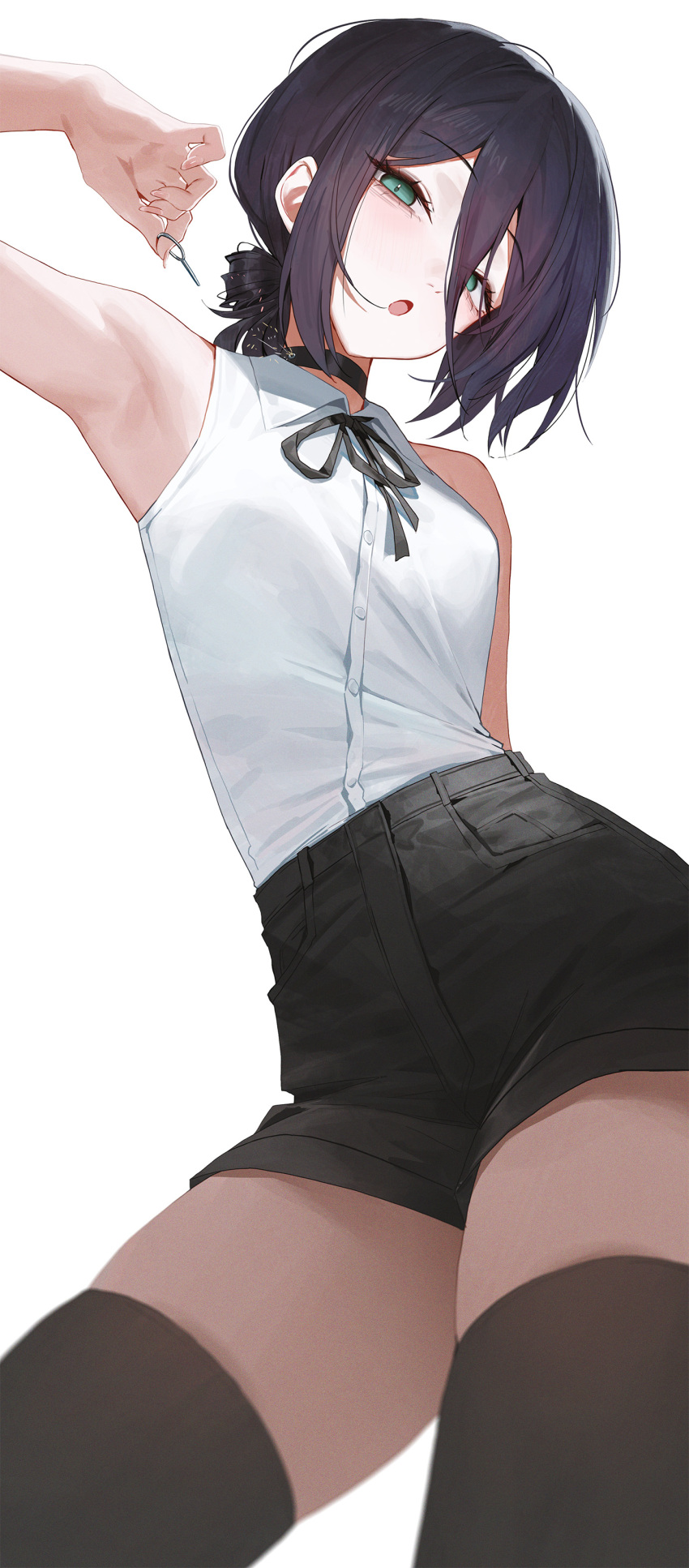 1girl absurdres arm_behind_back armpits black_choker black_hair black_ribbon black_shorts black_thighhighs chainsaw_man choker collared_shirt green_eyes hair_between_eyes highres huhi_(huhi_1211) looking_at_viewer neck_ribbon parted_lips reze_(chainsaw_man) ribbon shirt shirt_tucked_in shorts simple_background sleeveless sleeveless_shirt solo thighhighs white_background white_shirt