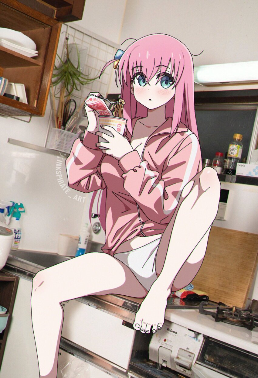 1girl barefoot blue_eyes bocchi_the_rock! commentary cube_hair_ornament cup_ramen feet gotoh_hitori hair_between_eyes hair_ornament highres indoors inkspirate jacket kitchen knee_up long_hair long_sleeves messy_hair one_side_up panties parted_lips photo_background pink_hair pink_jacket pink_track_suit side_ahoge sitting solo stove thighs toes track_suit underwear white_panties