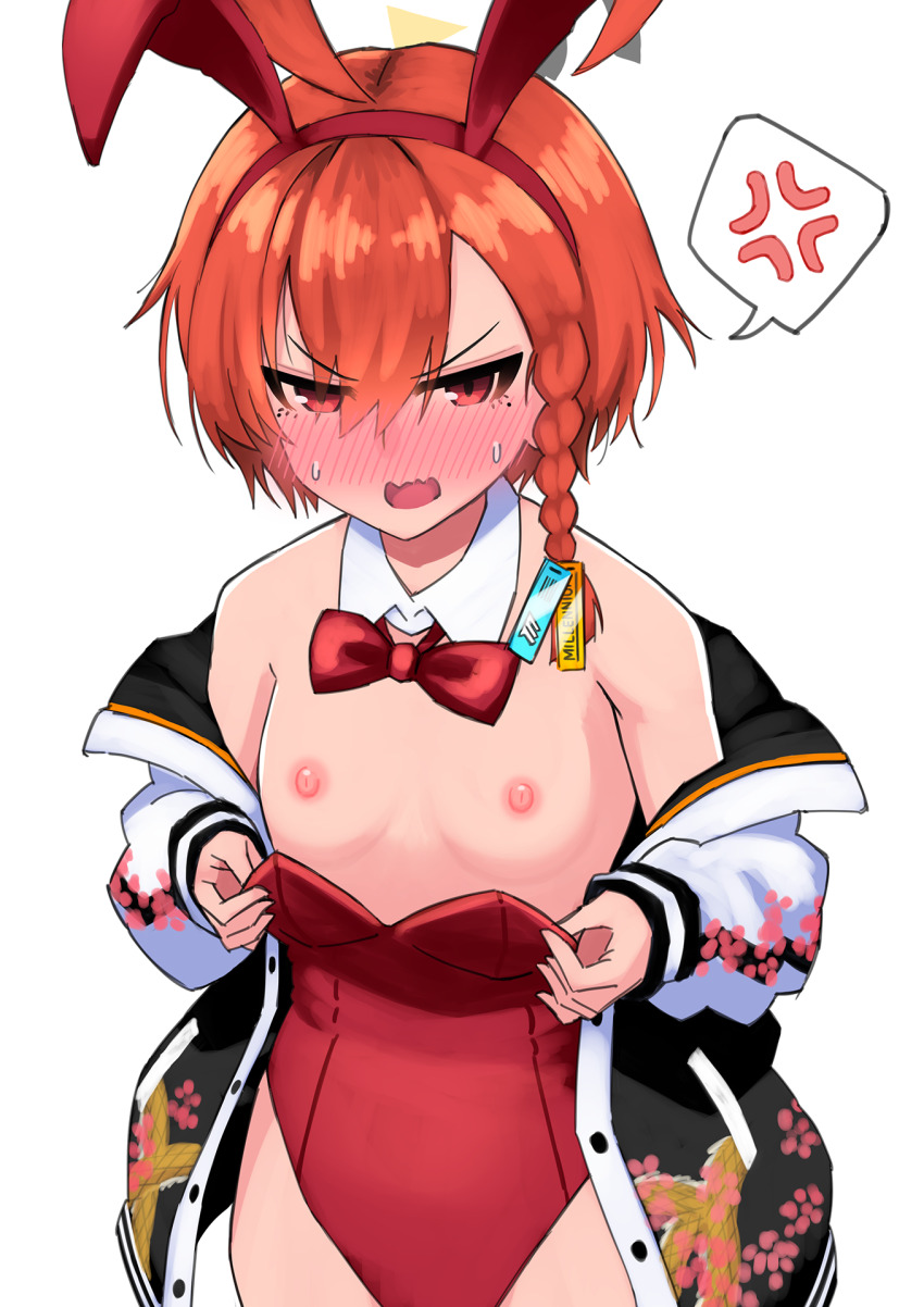 1girl ahoge anger_vein animal_ear_hairband animal_ears bare_shoulders black_halo black_jacket blue_archive blush bow bowtie braid collar commentary_request cowboy_shot detached_collar embarrassed fake_animal_ears flat_chest floral_print furrowed_brow hairband half-closed_eyes halo highleg highleg_leotard highres huge_ahoge jacket leotard leotard_pull letterman_jacket loli long_sleeves looking_at_viewer loose_bowtie mole mole_under_eye multicolored_jacket neru_(blue_archive) neru_(bunny)_(blue_archive) nipples nose_blush off_shoulder open_clothes open_jacket open_mouth orange_eyes orange_hair playboy_bunny print_jacket pulling_own_clothes rabbit_ears red_bow red_bowtie red_hairband red_leotard s_ibane short_hair side_braid simple_background single_braid solo spoken_anger_vein standing strapless strapless_leotard sweatdrop wavy_mouth white_background white_collar