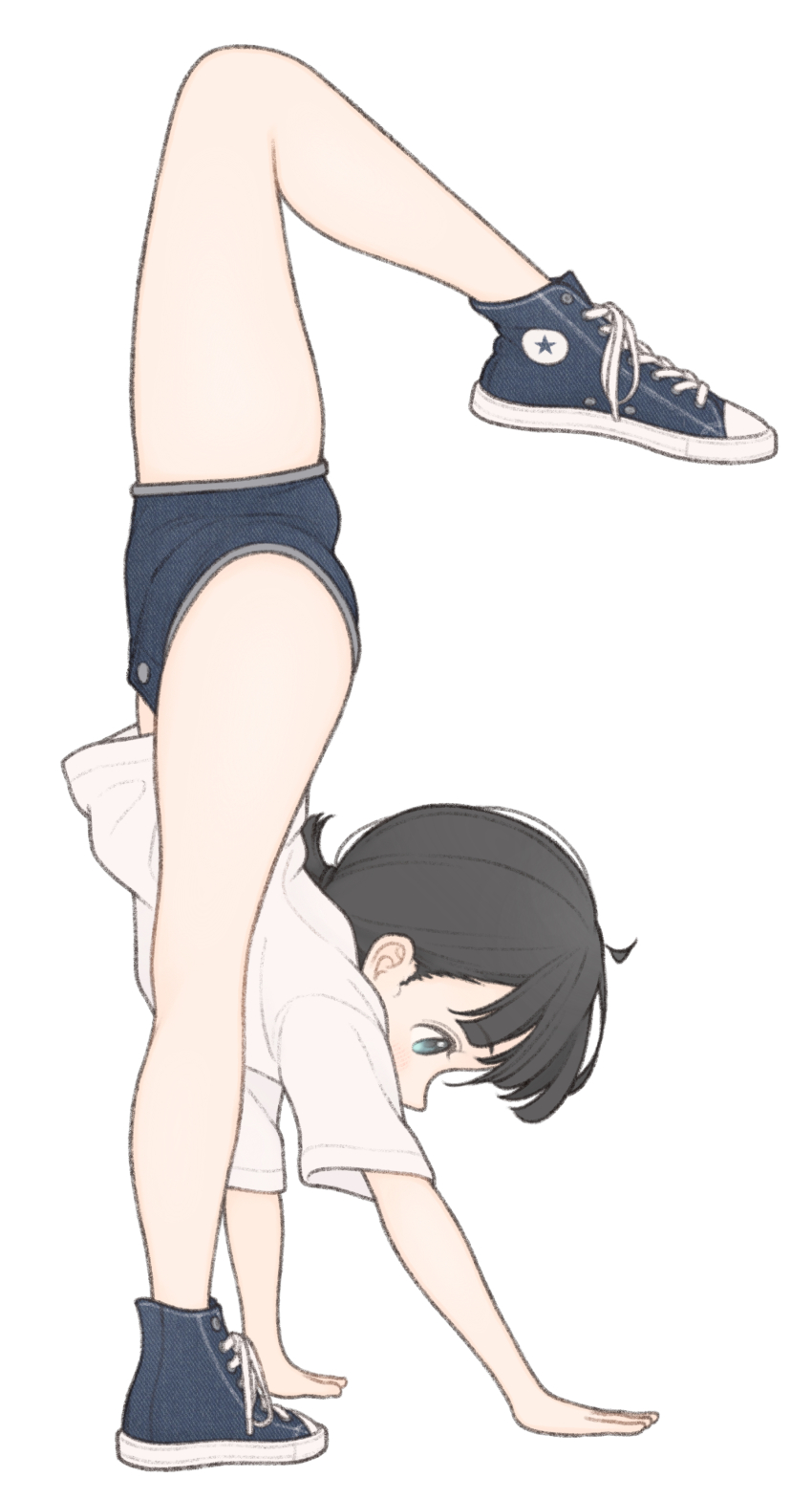 1girl 1ssakawaguchi absurdres ahoge blue_shoes blue_shorts brown_hair converse denim denim_shorts flexible grey_eyes handstand highres ichika_(1ssakawaguchi) midriff_peek original ponytail shirt shoes short_hair short_ponytail short_shorts short_sleeves shorts simple_background sneakers solo split standing standing_on_one_leg standing_split t-shirt thighs white_background white_shirt
