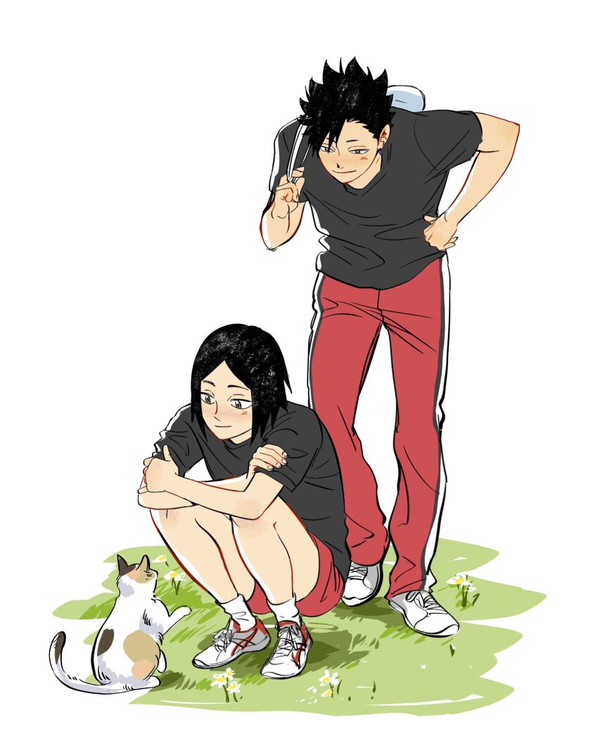 2boys animal bag black_hair black_shirt blush brown_eyes calico_cat cat closed_mouth commentary crossed_arms flower full_body grass haikyuu!! highres kneeling kozume_kenma kuroo_tetsurou looking_at_animal male_focus multiple_boys pants parted_bangs paw_up red_pants red_shorts shirt shoes short_hair short_sleeves shorts shoulder_bag smile sneakers spiked_hair standing t-shirt tinh_daubuoi track_pants white_background white_flower