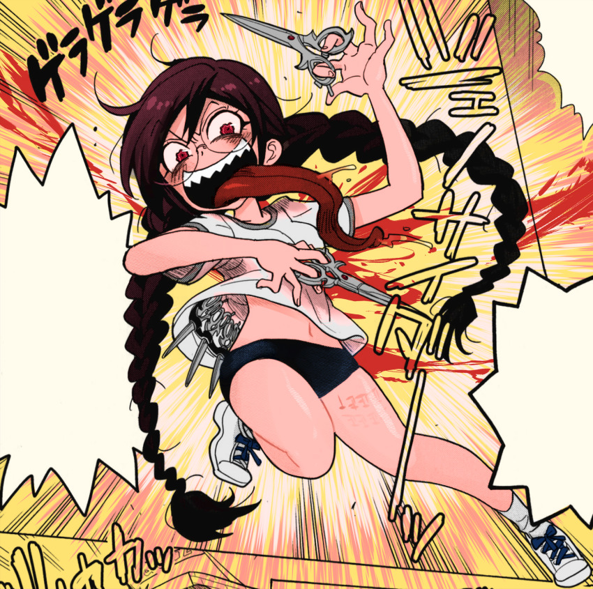 1girl absurdres alternate_costume black_buruma blank_speech_bubble blush braid brown_hair buruma danganronpa:_trigger_happy_havoc danganronpa_(series) dual_wielding eyelashes fukawa_toko genocider_shou glasses gym_uniform highres holding holding_scissors holding_weapon long_hair long_tongue navel open_mouth red_eyes round_eyewear saliva scar scar_on_leg scissors sharp_teeth shiny_skin shirt shoes short_sleeves solo speech_bubble stomach tally teeth thighs tongue tongue_out twin_braids twintails upper_teeth_only user_ftnj4387 very_long_hair weapon white_shirt white_shoes