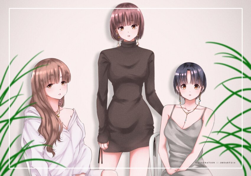 alternate_hairstyle arms_at_sides artist_name black_dress black_hair blunt_bangs blunt_ends bob_cut border breasts brown_background brown_hair cleavage collarbone commentary dress earrings grey_dress hair_over_shoulder hands_on_lap highres jewelry jmoart214 large_breasts long_hair long_sleeves looking_at_viewer outside_border parted_lips pendant_earring plant ranma_1/2 short_dress short_hair siblings side-by-side sisters sitting sleeveless sleeveless_dress spaghetti_strap standing tendou_akane tendou_kasumi tendou_nabiki turtleneck turtleneck_dress v_arms very_short_hair white_border white_dress