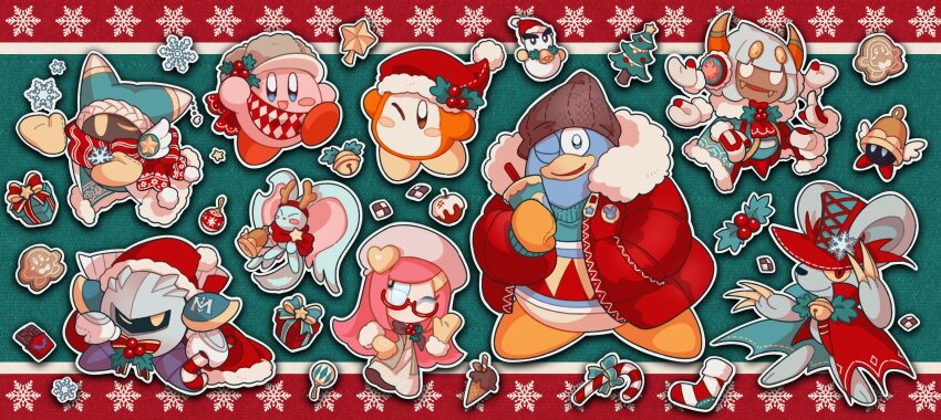 absurdres antlers beanie bell blank_eyes blue_eyes box brown_headwear candy candy_cane cape chilly_(kirby) chocolate christmas christmas_stocking christmas_tree claws closed_eyes coat cookie daroach deer_antlers disembodied_hand elfilin fangs food gift gift_box gingerbread_man glasses glef_life happy hat highres horns ice_cream jingle_bell king_dedede kirby kirby&#039;s_return_to_dream_land kirby:_planet_robobot kirby:_triple_deluxe kirby_(series) kirby_and_the_forgotten_land long_hair looking_at_viewer magolor mask meta_knight multiple_hands nintendo no_humans no_mouth no_nose one_eye_closed open_mouth pink_hair rayman_limbs red_cape red_coat red_headwear red_scarf ringle santa_hat scarf short_hair simple_background snowflakes standing susie_(kirby) sweater taranza top_hat waddle_dee waving winter_clothes winter_coat yellow_eyes