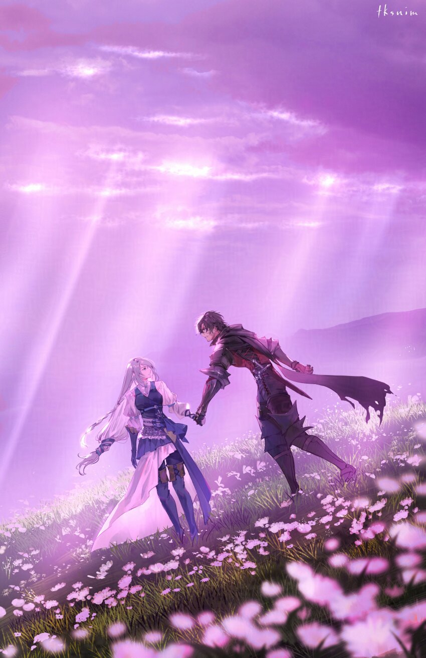 1boy 1girl absurdres armor black_hair boots braid cape clive_rosfield cloud cloudy_sky field final_fantasy final_fantasy_xvi flower flower_field grey_hair highres holding_hands jill_warrick leather leather_vest long_hair long_skirt looking_at_another low-tied_long_hair mountainous_horizon purple_sky scar scar_on_face single_braid skirt sky tk_(tksnim) vest
