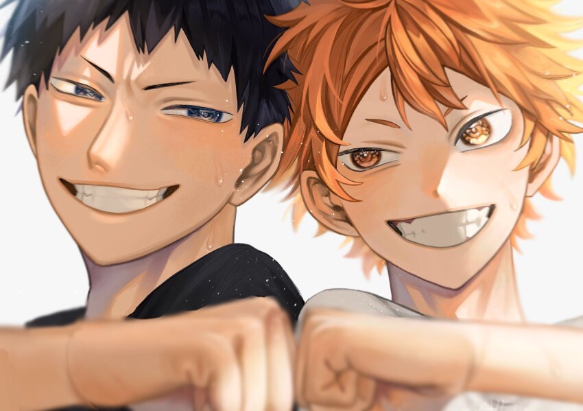2boys a1hotetoku black_hair black_shirt blue_eyes fist_bump haikyuu!! highres hinata_shouyou kageyama_tobio looking_at_another male_focus multiple_boys orange_eyes orange_hair shirt short_hair smile sweat teeth v-shaped_eyebrows white_shirt