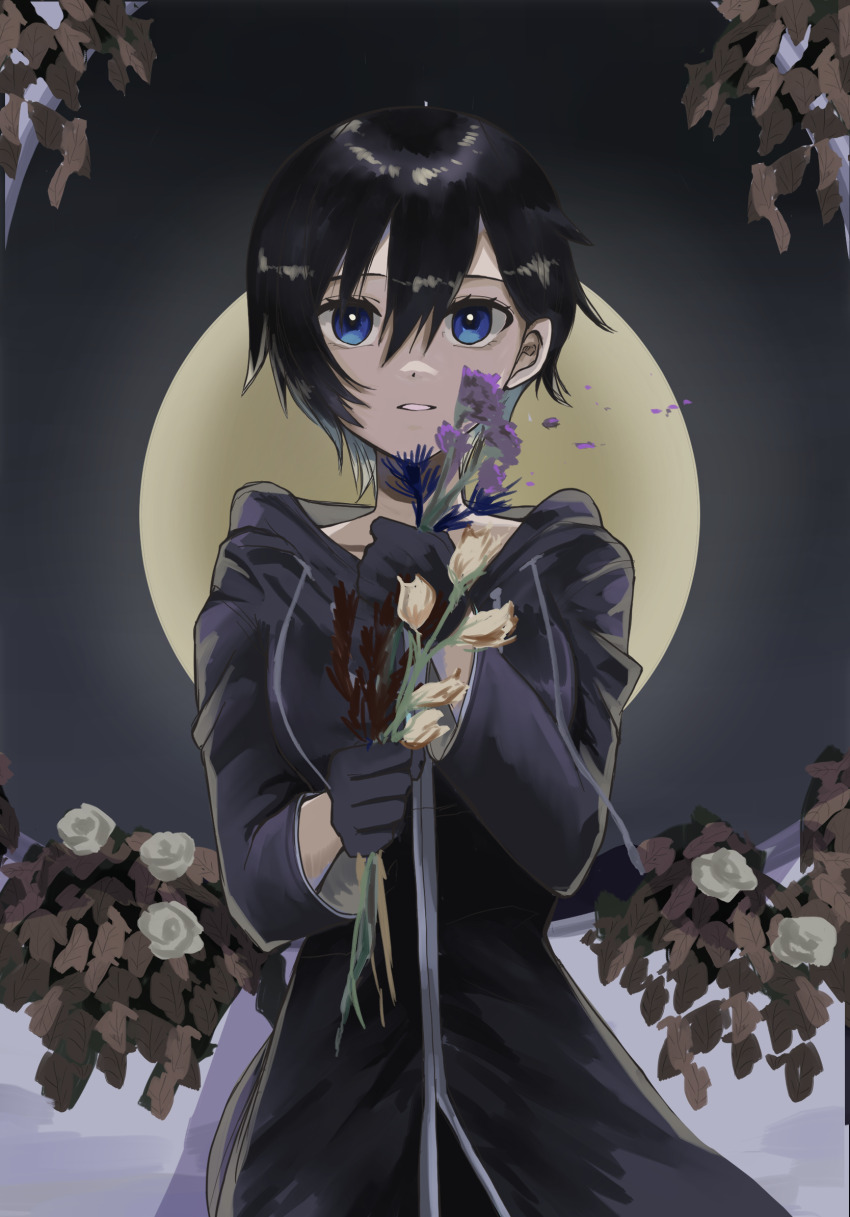 1girl black_coat black_coat_(kingdom_hearts) black_gloves black_hair blue_eyes coat commentary_request daisy_(flower) flower gloves hair_between_eyes highres holding hood hood_down hooded_coat kawame626 kingdom_hearts kingdom_hearts_358/2_days leaf long_sleeves looking_at_viewer purple_flower short_hair solo xion_(kingdom_hearts) yellow_flower